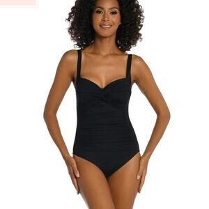 La Blanca Island Goddess Twist Shirred One Piece Swimsuit Swimwear Black Swim